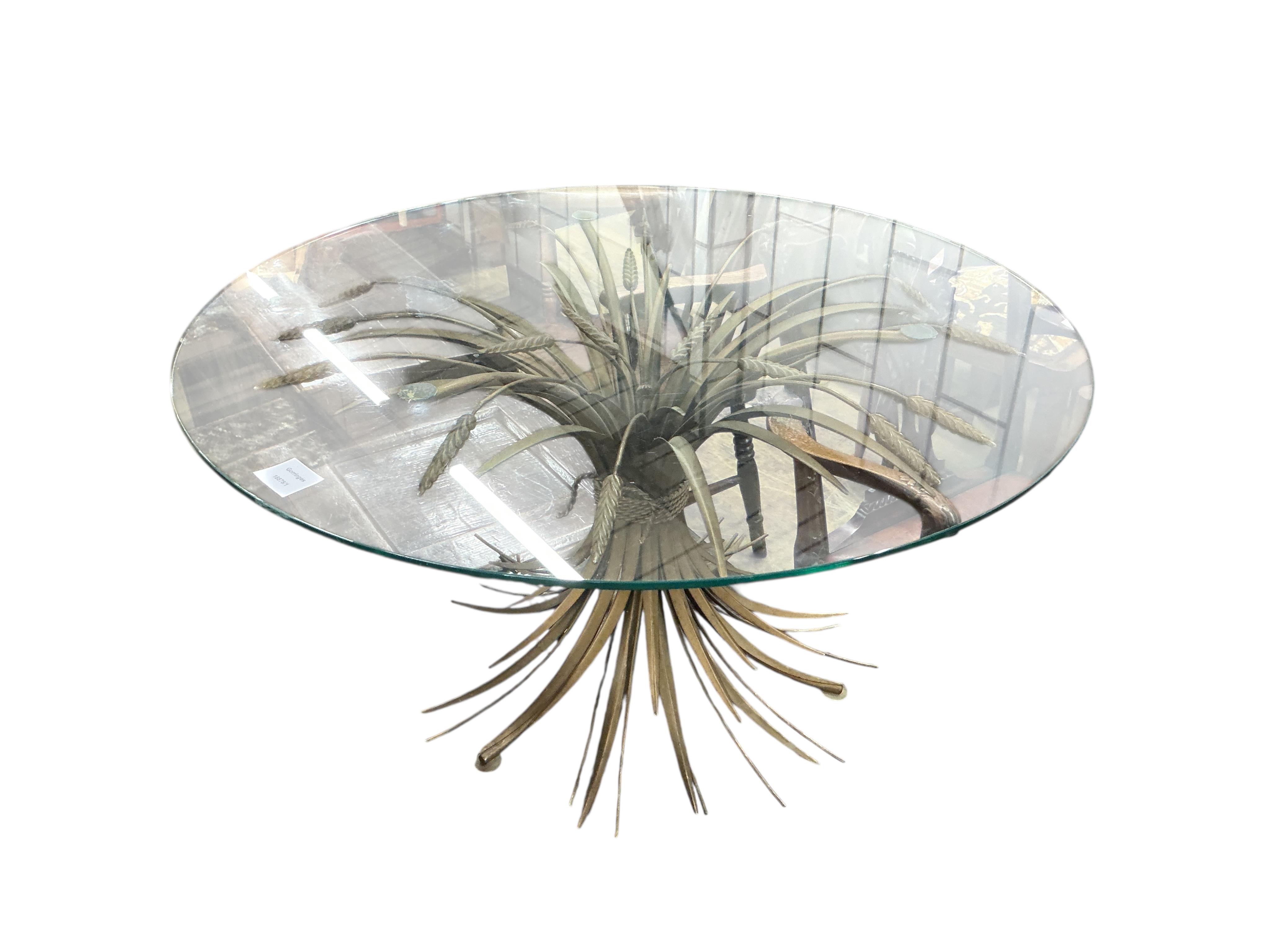 A Contemporary circular glass and gilt metal wheat sheaf coffee table, diameter 80cm, height 46cm